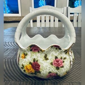 Formalities by Baum Bros Floral Porcelain Basket Vase - Moss Rose Chintz & Gold